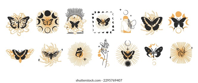 Hand drawn vector abstract graphic illustrations celestial design concept with logo magic line silhouette set of mystic flying butterfly,moth,sun and moon phase isolated. Magic drawing butterfly icon.