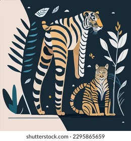 Hand drawn vector abstract graphic cartoon illustrations cards set template with beautiful cute minimalistic style wildlife dogs print set. Wildlife tiger animal concept design art