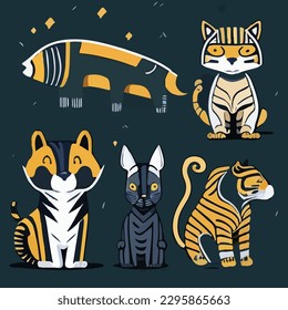 Hand drawn vector abstract graphic cartoon illustrations cards set template with beautiful cute minimalistic style wildlife dogs print set. Wildlife tiger animal concept design art