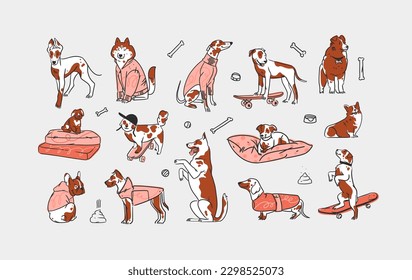 Colección de líneas gráficas abstractas de vector dibujado a mano con diversos personajes de perros de dibujos animados graciosos y bonitos.Ilustración vectorial de divertidos dibujos animados de diferentes razas perros de estilo moderno y plano. Icono de perro de línea.