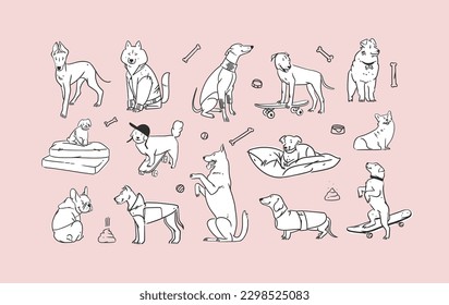 Colección de líneas gráficas abstractas de vector dibujado a mano con diversos personajes de perros de dibujos animados graciosos y bonitos.Ilustración vectorial de divertidos dibujos animados de diferentes razas perros de estilo moderno y plano. Icono de perro de línea.