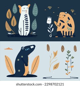 Hand drawn vector abstract graphic cartoon illustrations cards set template with beauty cute minimalistic style wildlife Mole print set