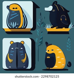 Hand drawn vector abstract graphic cartoon illustrations cards set template with beauty cute minimalistic style wildlife Mole print set