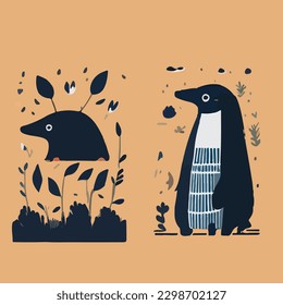 Hand drawn vector abstract graphic cartoon illustrations cards set template with beauty cute minimalistic style wildlife Mole print set