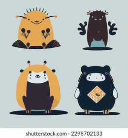 Hand drawn vector abstract graphic cartoon illustrations cards set template with beauty cute minimalistic style wildlife Mole print set