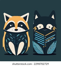 Hand drawn vector abstract graphic cartoon illustrations cards set template with beauty cute minimalistic style wildlife Racoon print set. Wild life Racoon animal concept design art