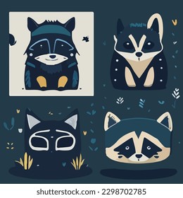Hand drawn vector abstract graphic cartoon illustrations cards set template with beauty cute minimalistic style wildlife Racoon print set. Wild life Racoon animal concept design art