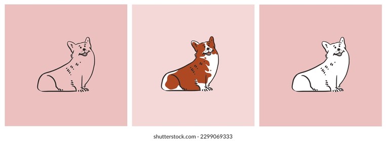 Hand drawn vector abstract graphic line art collection with diverse cute funny cartoon dog characters set.Vector illustration of funny cartoon different breed dog in trendy flat style. Line dog icon.