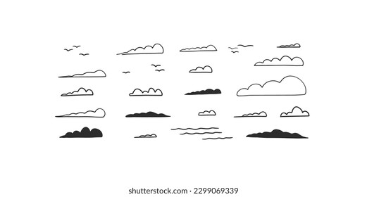 Hand drawn vector abstract graphic line collection set with diverse drawing different clouds icons.Vector doodle clouds outline and silhouette illustrations concept design. Graphic cloud icon.