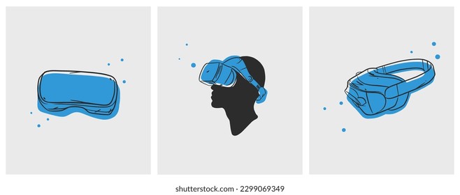 Hand drawn vector abstract graphic line art collection with virtual reality technology headset devise and human silhouette. Human in virtual reality headset outline design. Concept of virtual reality.