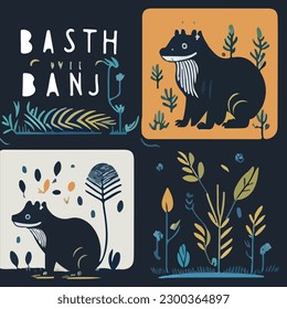 Hand drawn vector abstract graphic cartoon illustrations cards set template with beauty cute minimalistic style wildlife Beaver print set. Wild life Beaver animal concept design art