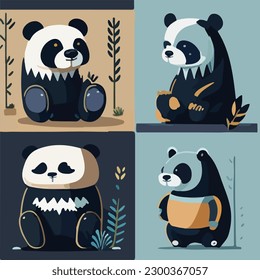Hand drawn vector abstract graphic cartoon illustrations cards set template with beauty cute minimalistic style wildlife Giant Panda print set. Wild life Giant Panda animal concept design art
