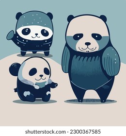 Hand drawn vector abstract graphic cartoon illustrations cards set template with beauty cute minimalistic style wildlife Giant Panda print set. Wild life Giant Panda animal concept design art