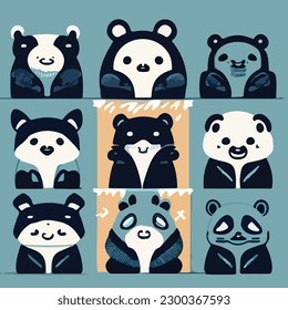Hand drawn vector abstract graphic cartoon illustrations cards set template with beauty cute minimalistic style wildlife Giant Panda print set. Wild life Giant Panda animal concept design art