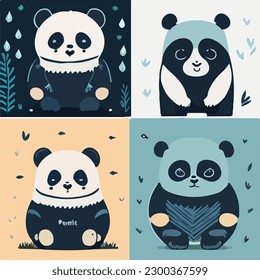 Hand drawn vector abstract graphic cartoon illustrations cards set template with beauty cute minimalistic style wildlife Giant Panda print set. Wild life Giant Panda animal concept design art