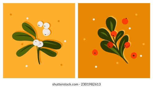 Hand drawn vector abstract graphic Merry Christmas and Happy new year clipart illustrations greeting card set with flowers and leaves.Merry Christmas cute floral design background.Winter holiday art.