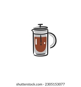 Hand drawn vector abstract graphic doodle simple minimalistic line illustrations collection with brewing coffee,preparing coffee drinks. Coffee vector drawing icon isolated.Coffee shop design concept.
