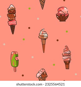 Cono de helado gráfico abstracto con vector dibujado a mano, ilustraciones de arte de la línea sundae patrón sin fisuras.Ice crema de postre ilustración vectorial concepto de diseño arte. Postre dulce lindo patrón de doodle de verano.