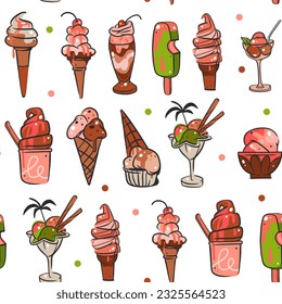 Hand drawn vector abstract graphic ice cream cone ,sundae line art illustrations seamless pattern.Ice cream dessert vector illustration design concept art. Sweet dessert cute doodle summer pattern.