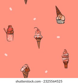 Hand drawn vector abstract graphic ice cream cone ,sundae line art illustrations seamless pattern.Ice cream dessert vector illustration design concept art. Sweet dessert cute doodle summer pattern.