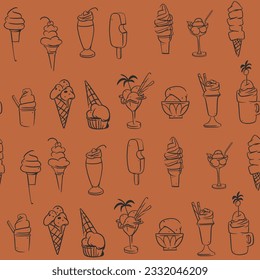 Hand drawn vector abstract graphic ice cream cone ,sundae line art illustrations seamless pattern.Ice cream dessert vector illustration design concept art. Sweet dessert cute doodle summer pattern.