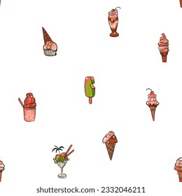 Handgezeichnete, abstrakte Vektorgrafik-Eis-Kegel, sundae-Linie Kunstillustrationen nahtlose Muster.Eis Creme Nachtisch Vektorgrafik Design-Konzept Kunst. Süßes Dessert süß doodle Sommermuster.