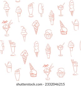 Hand drawn vector abstract graphic ice cream cone ,sundae line art illustrations seamless pattern.Ice cream dessert vector illustration design concept art. Sweet dessert cute doodle summer pattern.