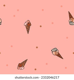 Hand drawn vector abstract graphic ice cream cone ,sundae line art illustrations seamless pattern.Ice cream dessert vector illustration design concept art. Sweet dessert cute doodle summer pattern.