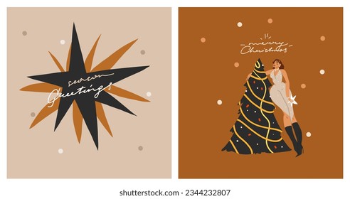 Hand drawn vector abstract graphic Merry Christmas and Happy new year illustration of female with xmas tree.Celebrating people cards set.Merry Christmas people card design.Holiday art collection.