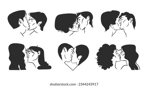 Dibujo a mano vector ilustración gráfica abstracta San Valentín, dibujo besando el contorno de la pareja lgbt.Amor pareja besando juntos el arte de la línea.Concepto de diseño hermoso de San Valentín.Concepto de pareja Lgbt.