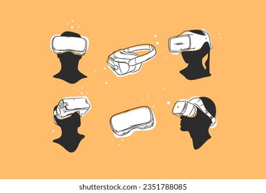 Colección de arte de línea gráfica abstracta de vector dibujada a mano con diseño de auriculares con tecnología de realidad virtual y silueta humana. Diseño de contorno de audífonos de realidad humana en virtual. Concepto de realidad virtual.