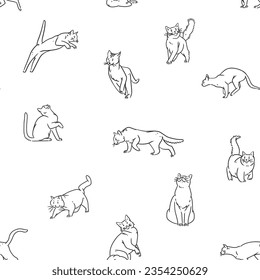 Hand drawn vector abstract graphic line art seamless pattern with adorable cute funny cat character.Vector illustration of funny cartoon outline cat in trendy line style. Drawing line art cat pattern.