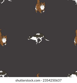 Hand drawn vector abstract graphic line art seamless pattern with adorable cute funny cat character.Vector illustration of funny cartoon outline cat in trendy line style. Drawing line art cat pattern.