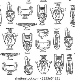 Hand drawn vector abstract graphic, greek ancient sculpture vases line art modern drawing seamless pattern.Antique classic vases in trendy line style,seamless pattern background.Antique statue design.