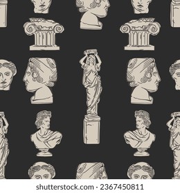 Hand drawn vector abstract graphic, greek ancient sculpture statues and column line art modern seamless pattern.Antique vintage classic sculpture in trendy line style.Antique statue design background.