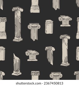 Hand drawn vector abstract graphic, greek ancient sculpture statues and column line art modern seamless pattern.Antique vintage classic sculpture columns line style.Antique statue design background.