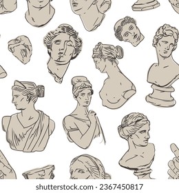 Hand drawn vector abstract graphic, greek ancient sculpture statues and column line art modern seamless pattern.Antique vintage classic sculpture in trendy line style.Antique statue design background.