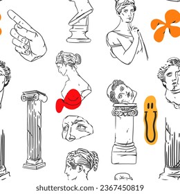 Gráfica abstracta de vectores dibujada a mano, estatuas de esculturas antiguas griegas y arte de línea de columna de un moderno patrón impecable.Escultura clásica vintage de estilo de línea de moda. Diseño de estatuas antiguas.