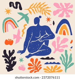 Hand drawn vector abstract graphic illustration in Matisse Style with meditating woman in yoga position, coral, rainbow, starfish and other elements isolated over beige background