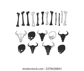 Hand drawn vector abstract graphic line art collection set of Human and animal skeleton, bone and skull,isolated on white background. Vector hand drawn sketch illustration.Halloween anatomy icons set.