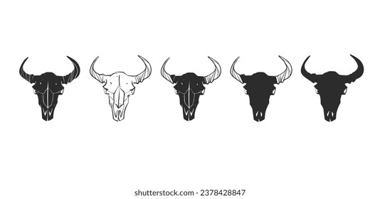 Hand drawn vector abstract graphic line art collection set of mystical and esoteric bull and cow animal skull ,isolated on white background.Skull bull Vector drawn sketch illustration and silhouette.