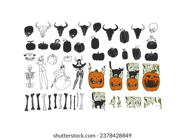 Hand drawn vector abstract graphic line art and silhouette Halloween big set of creepy characters,pumpkins,skull and bones isolated.Halloween outline scary graphic design concept decoration icons.