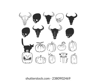 Hand drawn vector abstract graphic line art and silhouette Halloween big set of creepy characters,pumpkins ,skull isolated.Halloween outline scary graphic design concept decoration,line art icons.