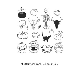 Hand drawn vector abstract graphic line art and silhouette Halloween big set of creepy characters,pumpkins ,skull isolated.Halloween outline scary graphic design concept decoration,line art icons.