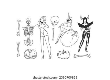 Hand drawn vector abstract graphic line art and silhouette Halloween big set of creepy characters,pumpkins,skull and bones isolated.Halloween outline scary graphic design concept decoration icons.