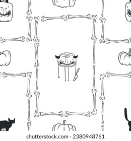 Hand drawn vector abstract graphic line art Halloween seamless pattern of creepy characters,pumpkins and bones isolated.Halloween outline scary graphic design concept decoration,Halloween pattern.