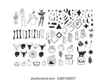Dibujo manual vectorial abstracto de línea gráfica y silueta Halloween gran conjunto de personajes espeluznantes, calabazas, calaveras y huesos aislados. El contorno de Halloween da miedo a los íconos de decoración de concepto de diseño gráfico.