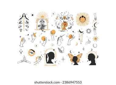 Hand drawn vector abstract graphic line illustration elements collection set,magic crescent,butterfly,flowers,animals,moon and human hands isolated. Mystical celestial esoteric magic design concept.