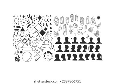 Hand drawn vector abstract graphic illustration elements collection set,magic crescent,butterfly,flowers,crystal,moon and human silhouettes isolated.Mystical celestial esoteric magic design concept.