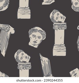 Hand drawn vector abstract graphic, greek ancient sculpture statues and column line art modern seamless pattern.Antique vintage classic sculpture in trendy line style.Antique statue design background.